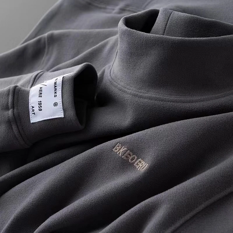 2025秋冬爆款半高领双面德绒打底衫男士长袖t恤刺绣内搭保暖上衣