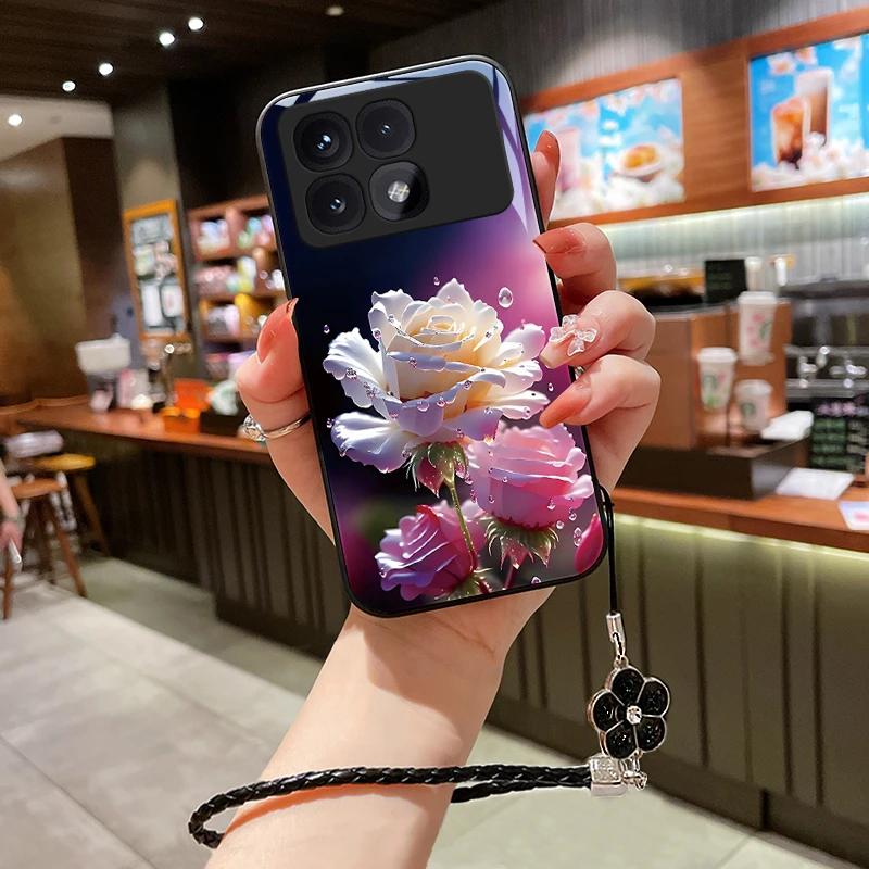 绽放玫瑰适用红米K70至尊版手机壳玻璃壳女挂绳超薄硅胶全包镜头