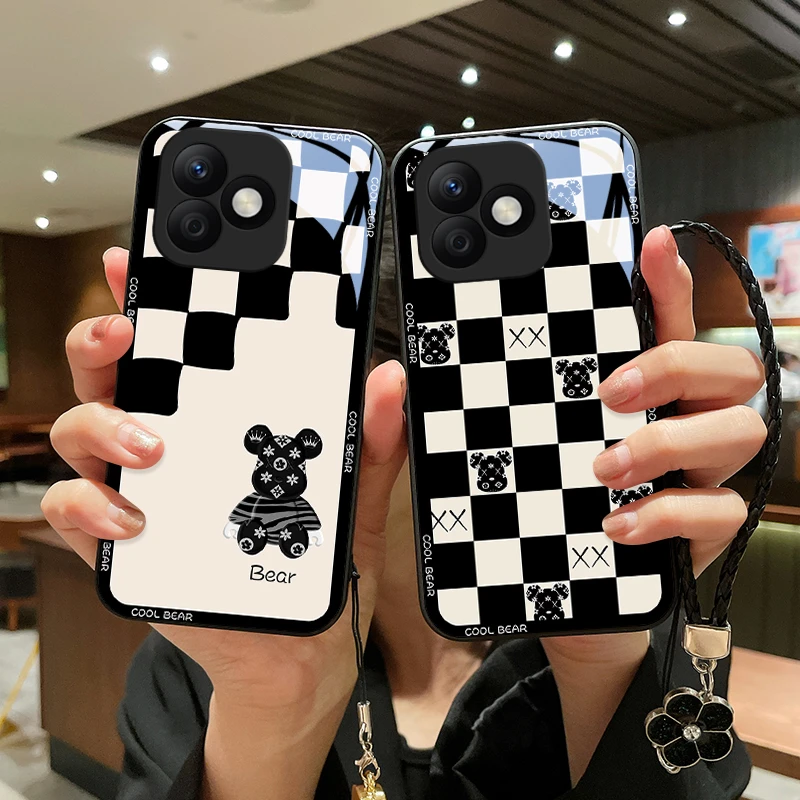 棋盘小熊适用华为荣耀x60i手机壳女玻璃壳挂绳新款保护套潮牌全包