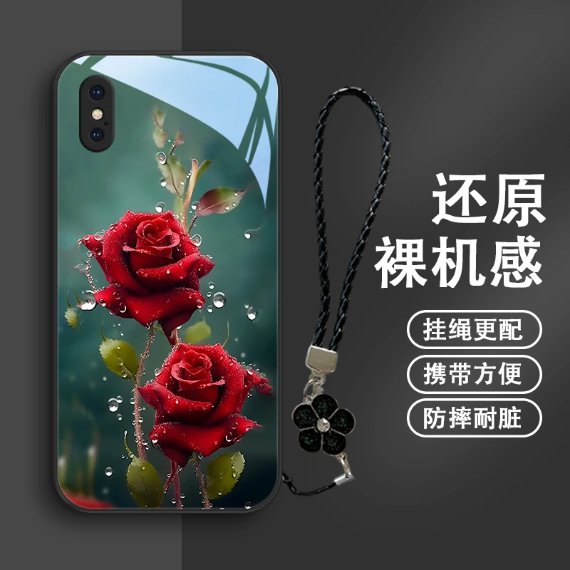 水晶玫瑰适用苹果xs手机壳iPhoneX女款高级挂绳苹果XR玻璃保护套