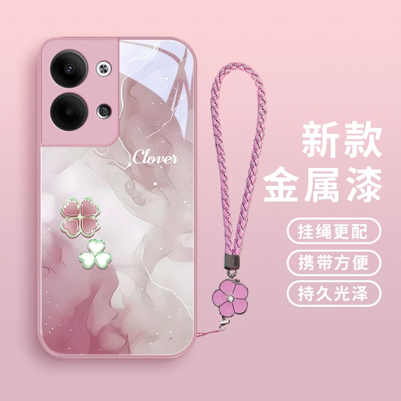 清新四叶心适用opporeno9手机壳Reno9pro玻璃女款reno9pro+高级散