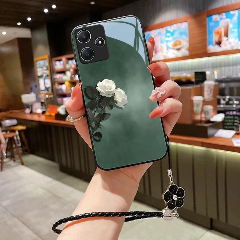 素雅花朵适用红米12手机壳新款Redmi12女款玻璃5G挂绳爆款保护套