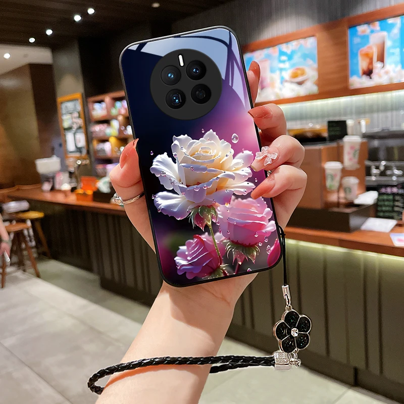 绽放玫瑰华为mate50pro手机壳Mate50挂绳50e情侣女款时尚玻璃防摔