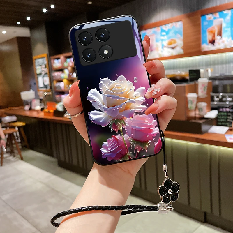 绽放玫瑰适用小米红米k70手机壳红米k70pro玻璃壳Redmi70e女款挂