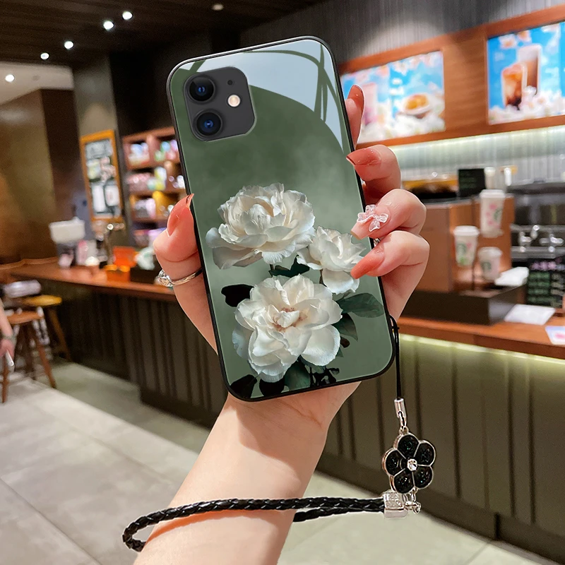 洁白花朵苹果12手机壳iPhone12pro玻璃12promax高级女款挂绳防摔