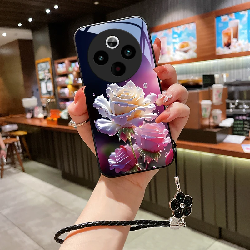 绽放玫瑰适用vivoY300pro手机壳VIVOY300Pro玻璃壳女挂绳超薄硅胶