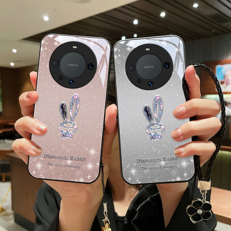 星闪小兔适用华为mate60手机壳高级Mate60pro玻璃女款挂绳软边防