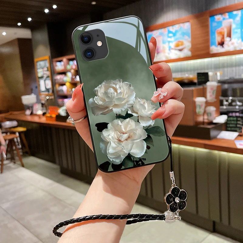 洁白花朵苹果11手机壳iPhone11pro高级玻璃11promax女款挂绳防摔