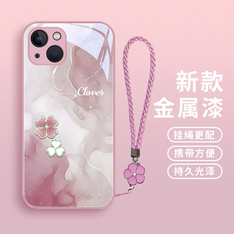 清新四叶心适用苹果14pro手机壳iPhone14高级14plus玻璃壳14prom