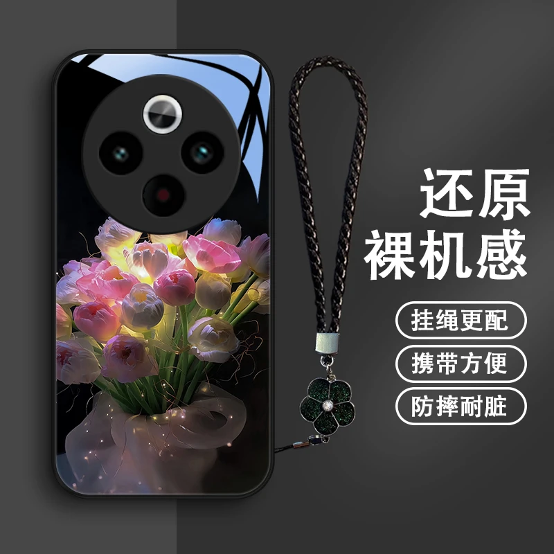 优美花束适用vivoY300pro手机壳防摔全包玻璃简约女款清新挂绳优