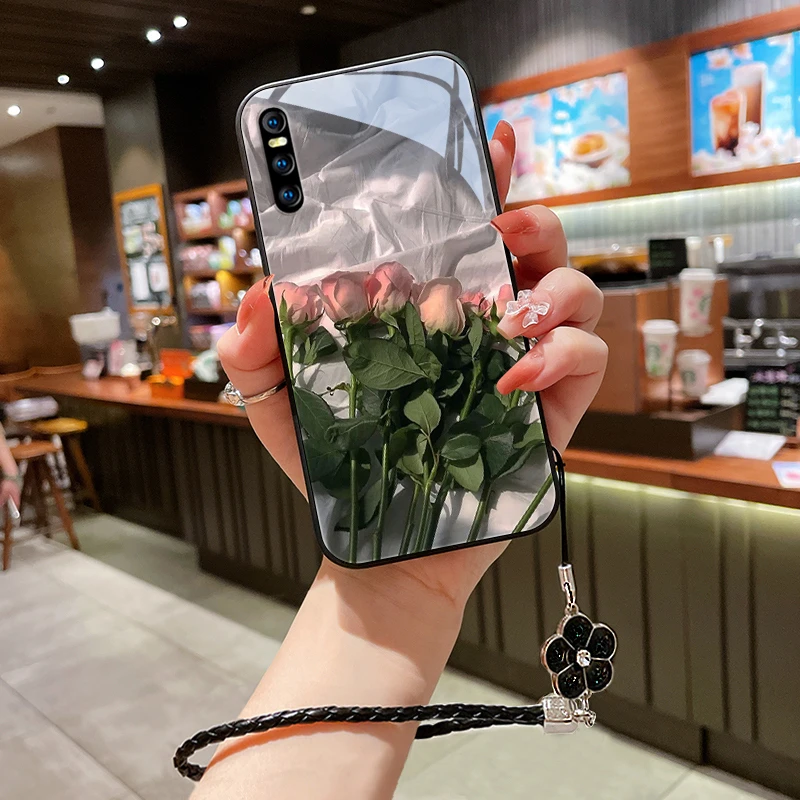 粉红花朵适用vivox27pro手机壳x27情侣保护套vivox23新款女款挂绳