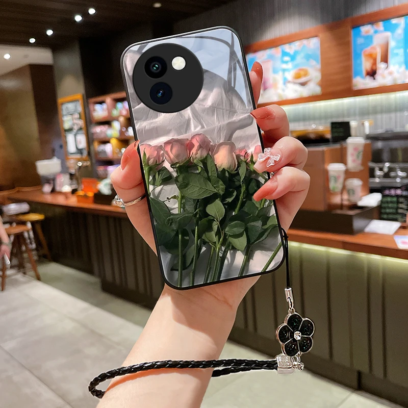 粉红花朵适用vivoY200i手机壳新款VIVOY200i女挂绳玻璃壳y200i高