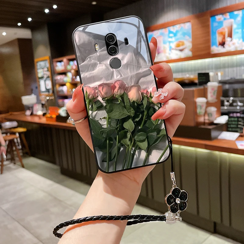 粉红花朵适用华为mate10手机壳Mate10pro情侣mate9女款高级挂绳ma