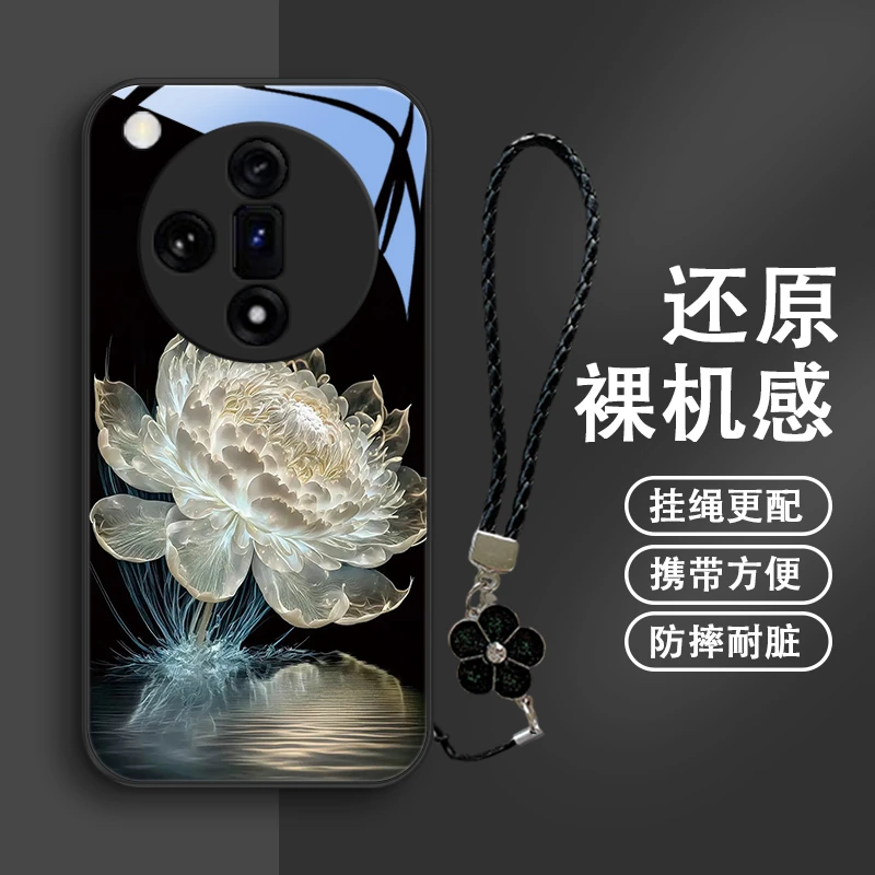 水光莲花适用OPPOFindX7手机壳FindX7Ultra玻璃壳保护套防摔清新