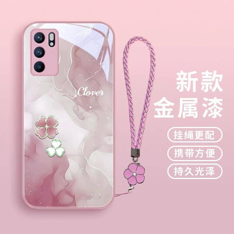 清新四叶心适用opporeno6手机壳Reno6pro玻璃女款reno6pro+高级保
