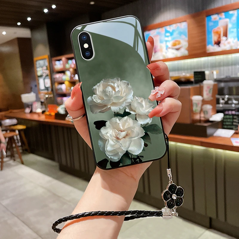 洁白花朵苹果xs手机壳iPhoneX女款挂绳苹果XR玻璃Xsmax爆款防摔套