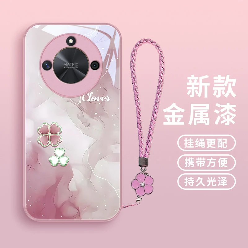 清新四叶心适用华为荣耀X50手机壳荣耀x50iX50GT女款玻璃壳高级保