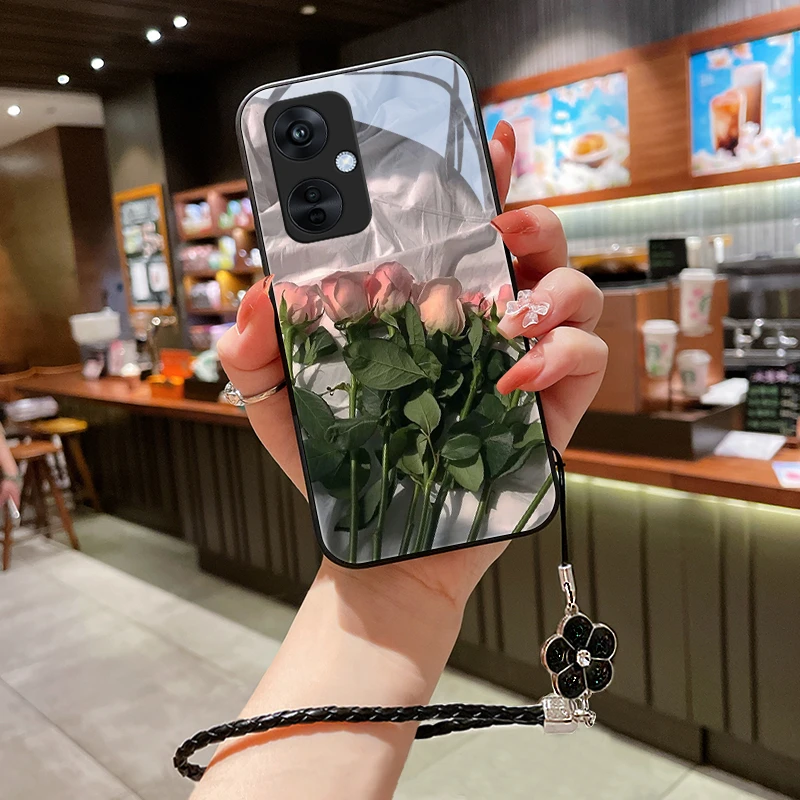 粉红花朵适用oppoK11x手机壳新款OPPOK11X女款挂绳玻璃壳高级ins