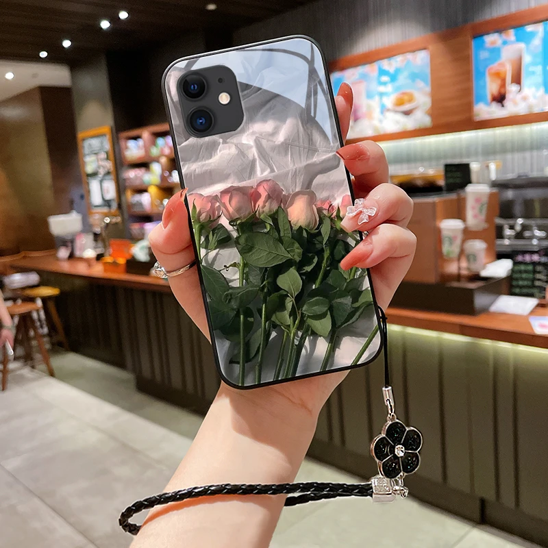 粉红花朵适用苹果11手机壳iPhone11pro网红玻璃11promax情侣保护