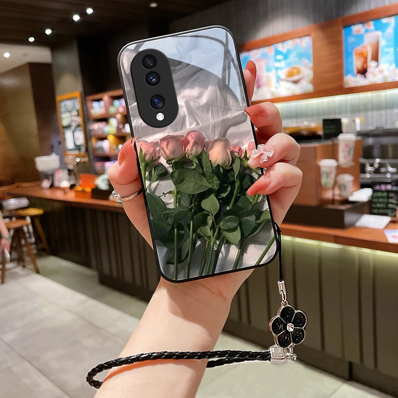 粉红花朵适用华为荣耀70pro手机壳honor70玻璃女款挂绳70pro+/十