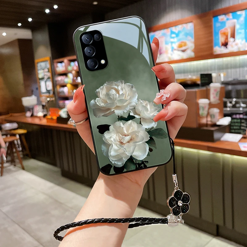 洁白花朵opporeno5手机壳Reno5pro玻璃女款挂绳k全包防摔高级网红