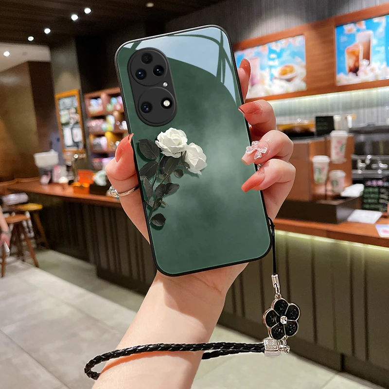 素雅花朵适用华为p50手机壳p50pro玻璃p50e女款挂绳P40可爱p40pro