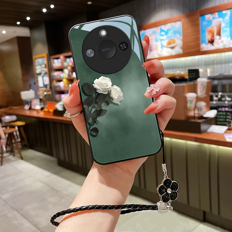 素雅花朵适用荣耀X60手机壳新款荣耀X60Pro女玻璃壳挂绳爆款保护