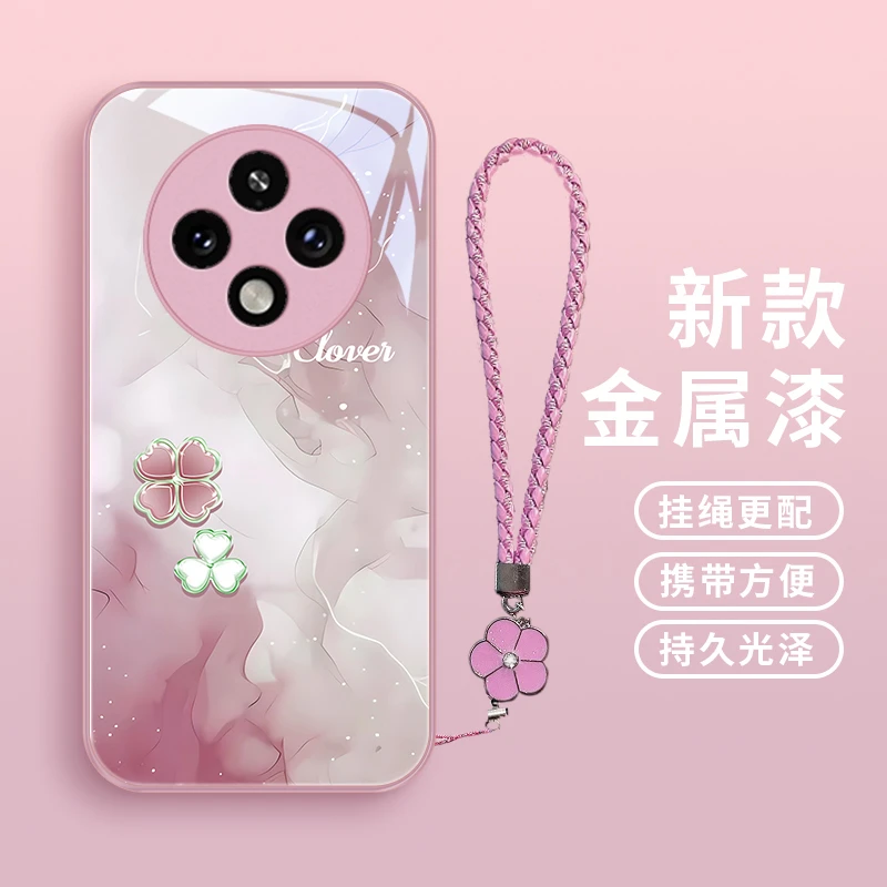 清新四叶心适用OPPOA3Pro手机壳oppoa3pro女款玻璃高级挂绳爆款防