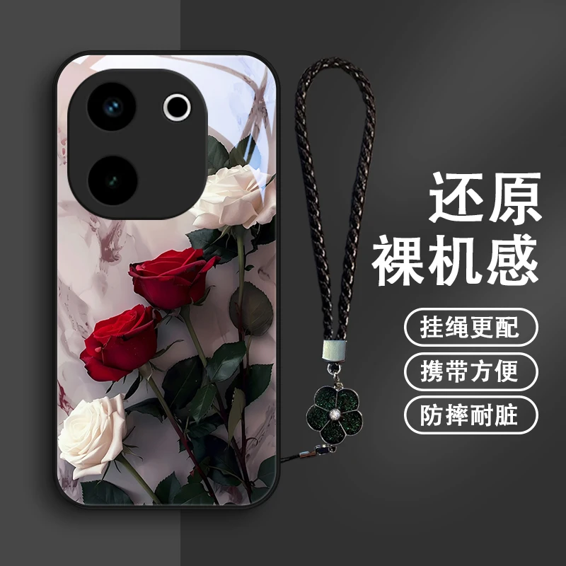 恋人玫瑰适用VIVOY200手机壳挂绳Y200GT玻璃保护套散热女款个性防