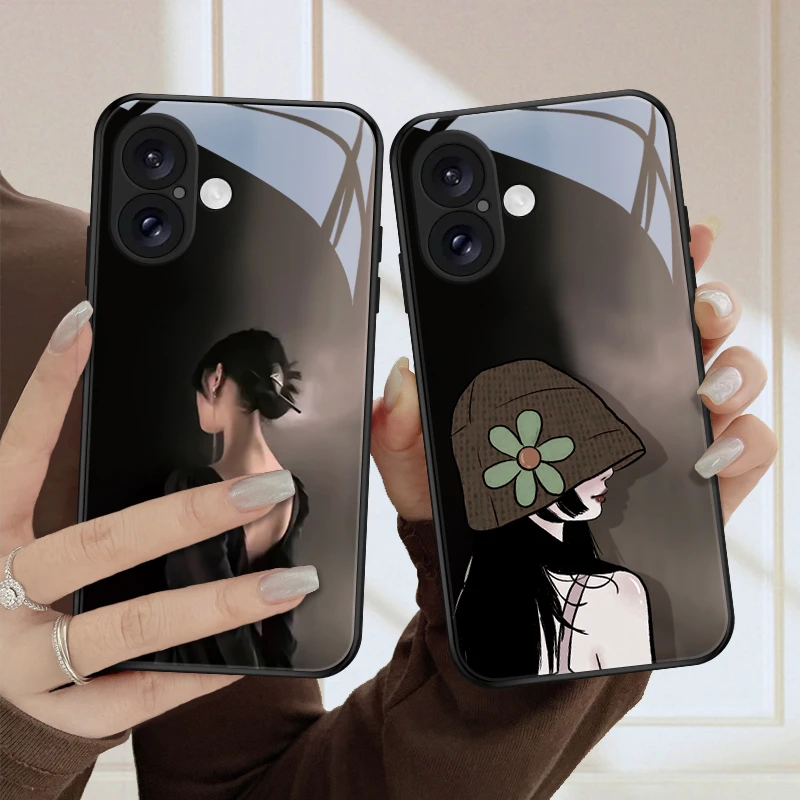 背影女孩适用苹果16ProMax手机壳iPhone16Pro玻璃16plus网红新款