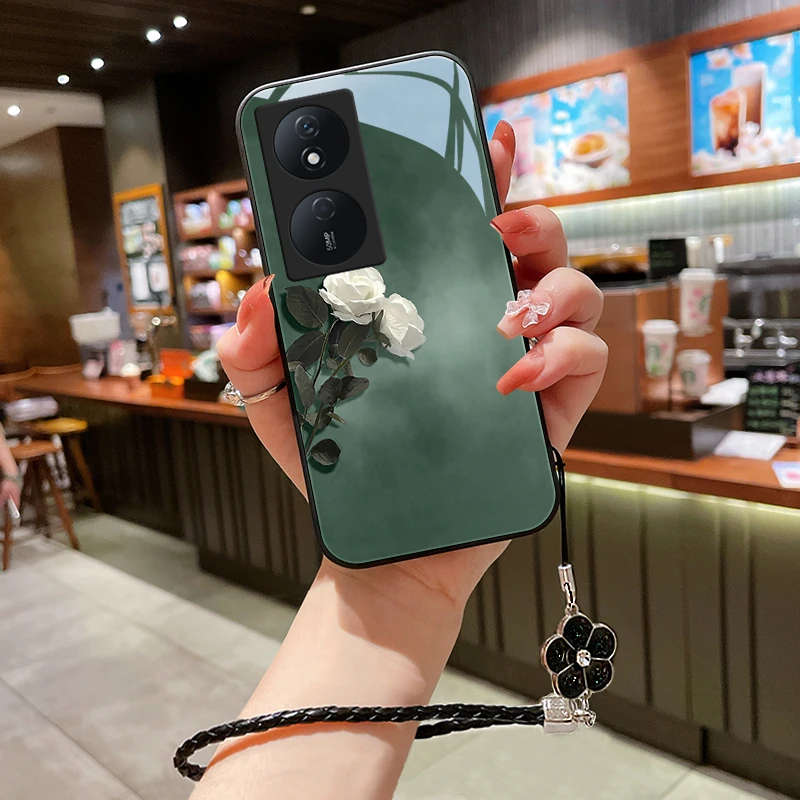 素雅花朵适用荣耀Play8T手机壳新款华为play8T女款玻璃挂绳爆款保