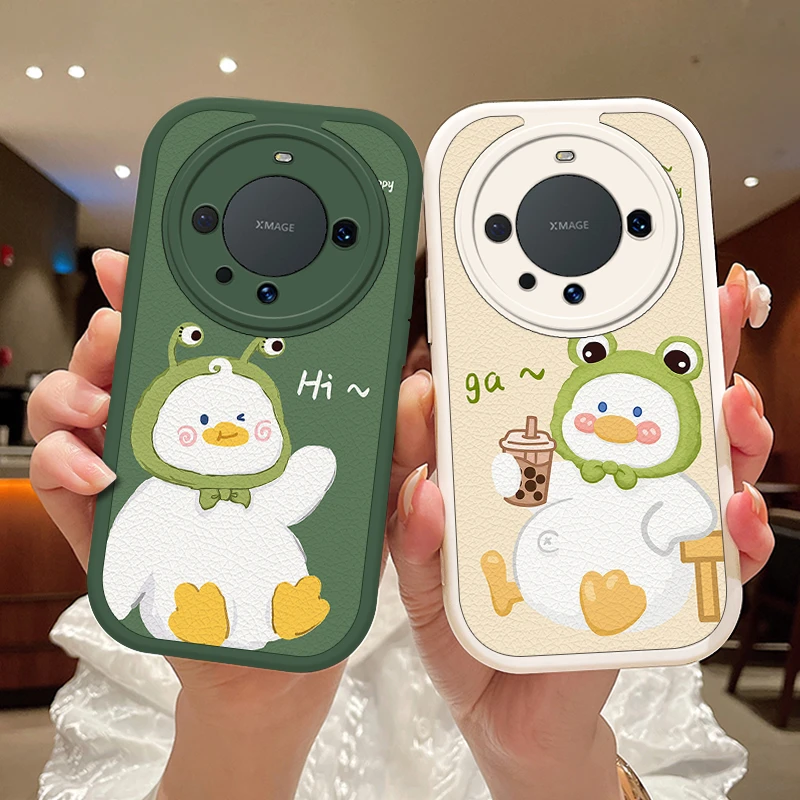 超萌鸭适用华为mate60pro手机壳Mate60卡通散热5G小羊皮保护套镜