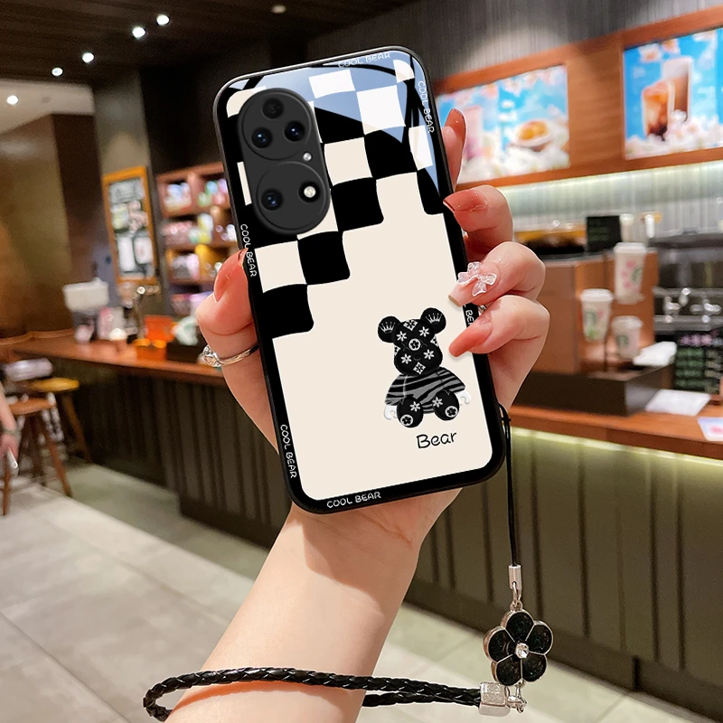 棋盘小熊适用华为p50手机壳p50pro玻璃p50e女款挂绳P40潮牌p40pro