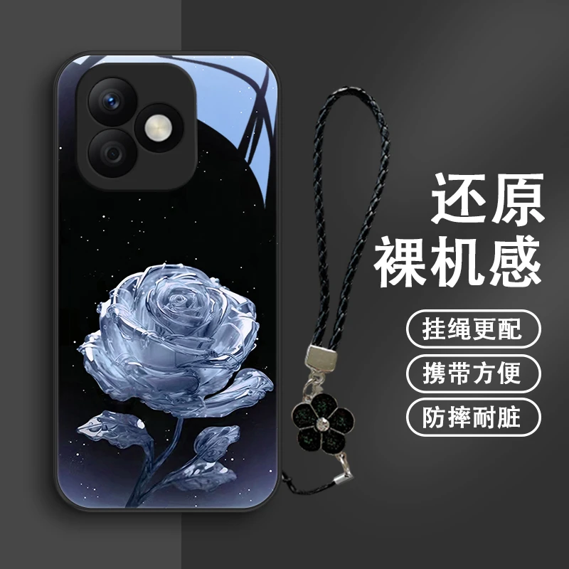 如花似朵适用华为荣耀x60i手机壳玻璃壳保护套防摔高级挂绳新款高