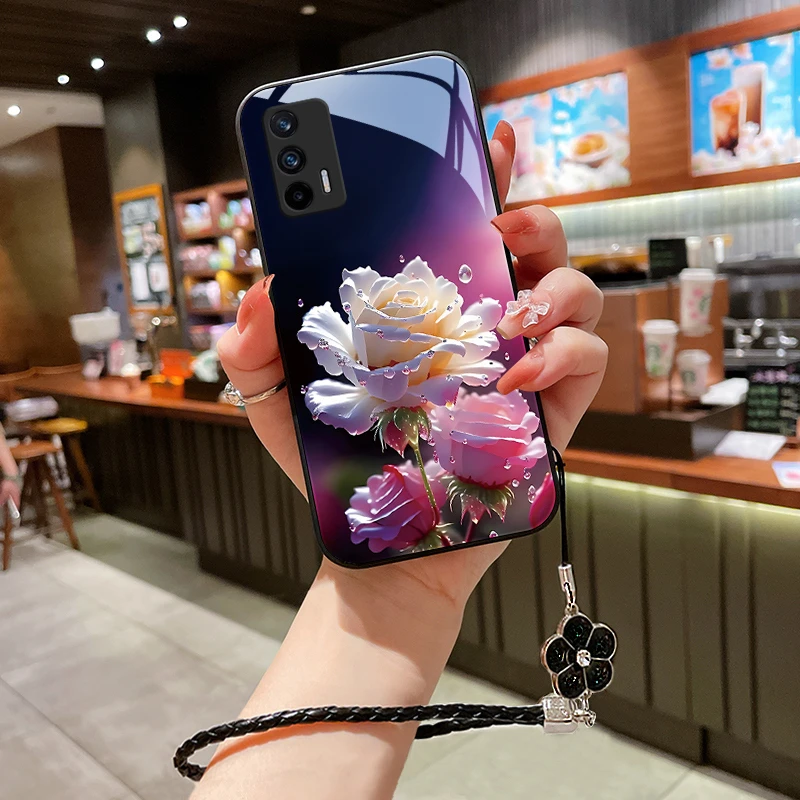 绽放玫瑰真我GT手机壳realme GT玻璃gtneo闪速版全包防摔挂绳OPPO