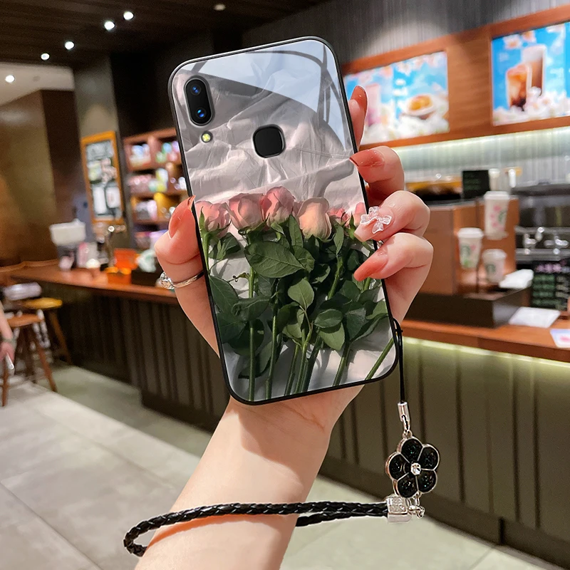 粉红花朵适用vivox21手机壳x21后置指纹屏幕玻璃x21a女款高级挂绳
