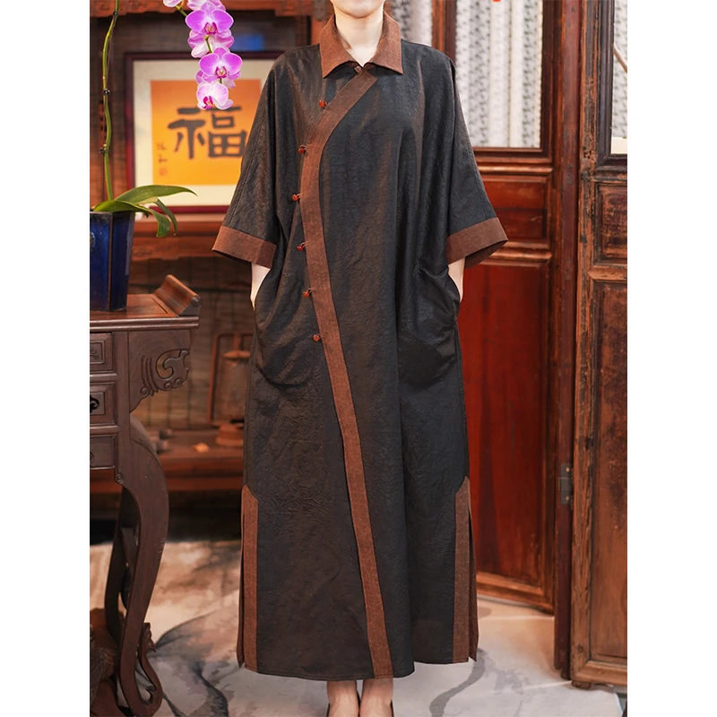 萧娘【醉梦】香云纱龟裂纹莨绸连衣裙新中式长款春夏桑蚕丝国风187