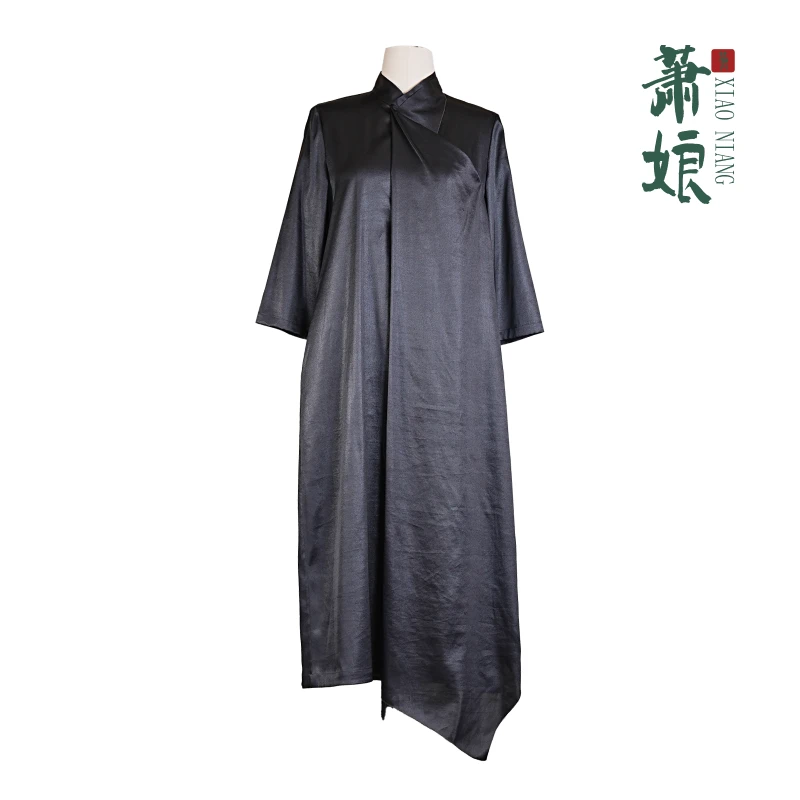 萧娘【墨笙歌】弹力缎新中式女连衣裙中国风桑蚕丝中长款2029