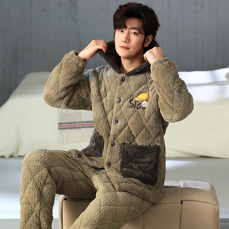 三层夹棉睡衣男冬季加厚加绒珊瑚绒保暖连帽卡通可外穿家居服套装