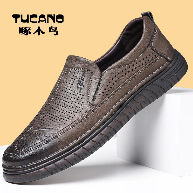 啄木鸟休闲皮鞋男夏季镂空透气休闲鞋上线牛筋软底韩版圆头爸爸鞋