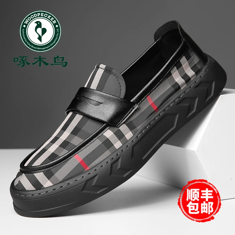 啄木鸟男鞋新款软底休闲皮鞋男潮流百搭格子豆豆鞋男一脚蹬乐福鞋