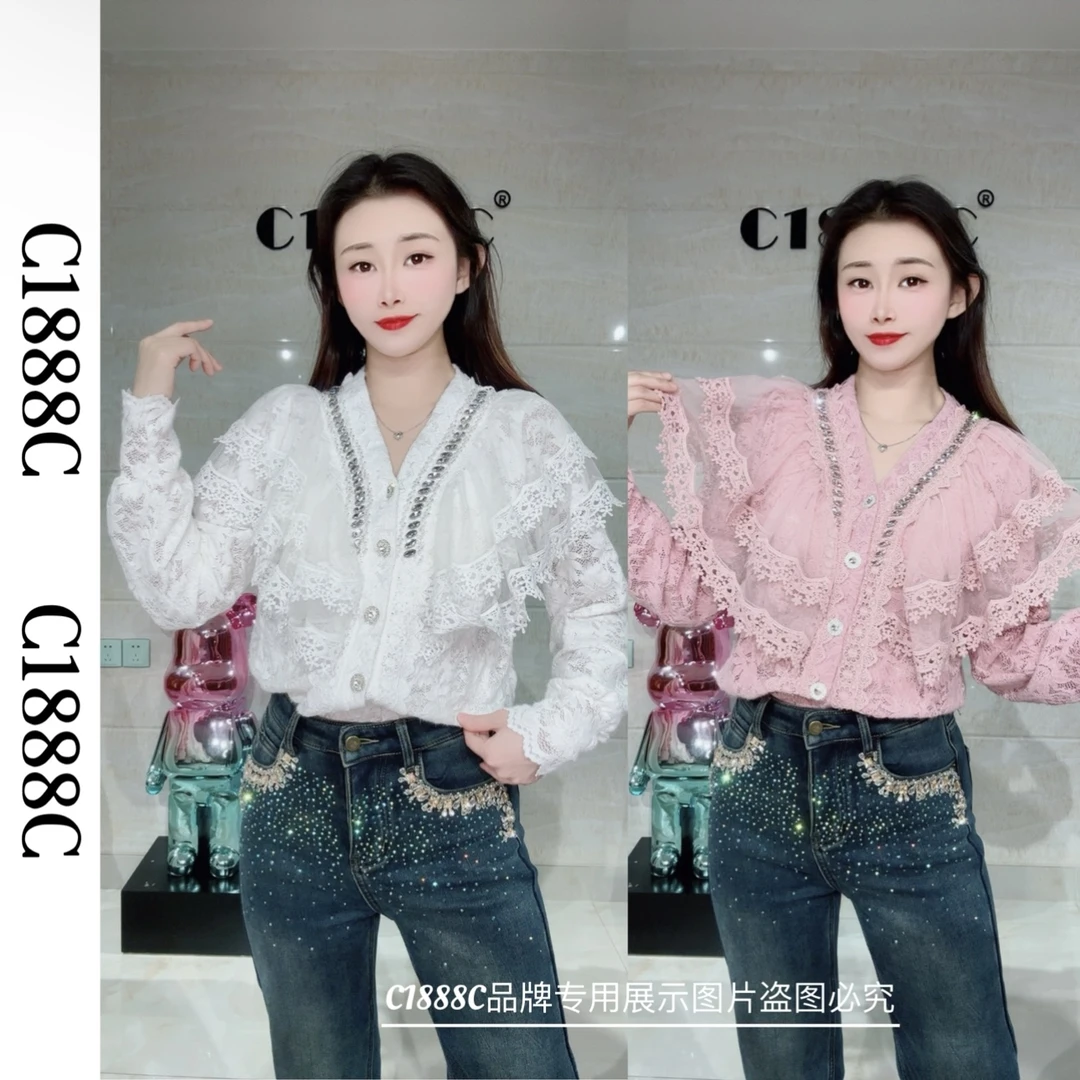 2376#C1888C品牌正品高端订制重工植绒蕾丝上衣