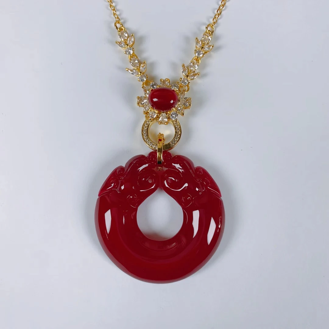 【专柜正品】天然珠宝中国红双龙项链