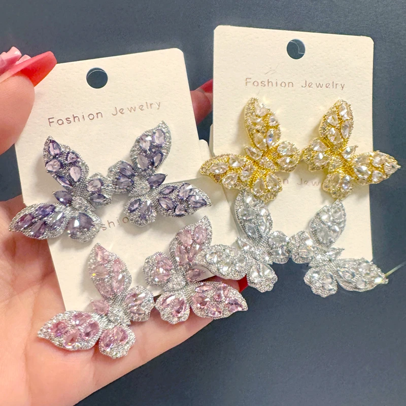 铜合金合成锆石耳饰 轻奢水晶蝴蝶超仙高级感气质重工时尚耳环