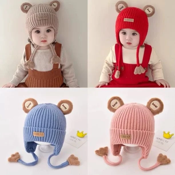婴幼儿冬季韩版加厚毛线帽可爱宝宝针织防风护耳帽男女宝宝套头帽
