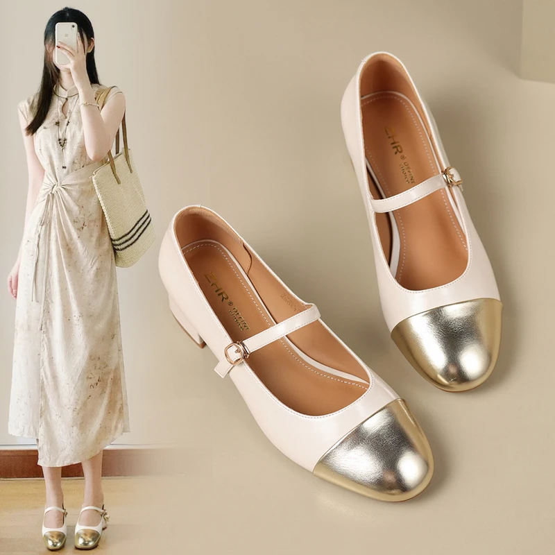 【清仓不补】ZHR浅口单鞋女秋通勤一脚蹬ins小皮鞋跟鞋拼色玛丽珍鞋