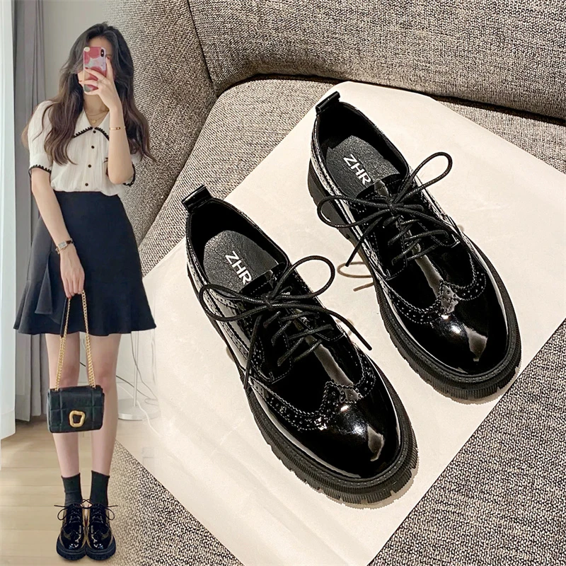 ZHR/则则英伦风小皮鞋女2025春秋新款单鞋复古厚底布洛克细带女鞋