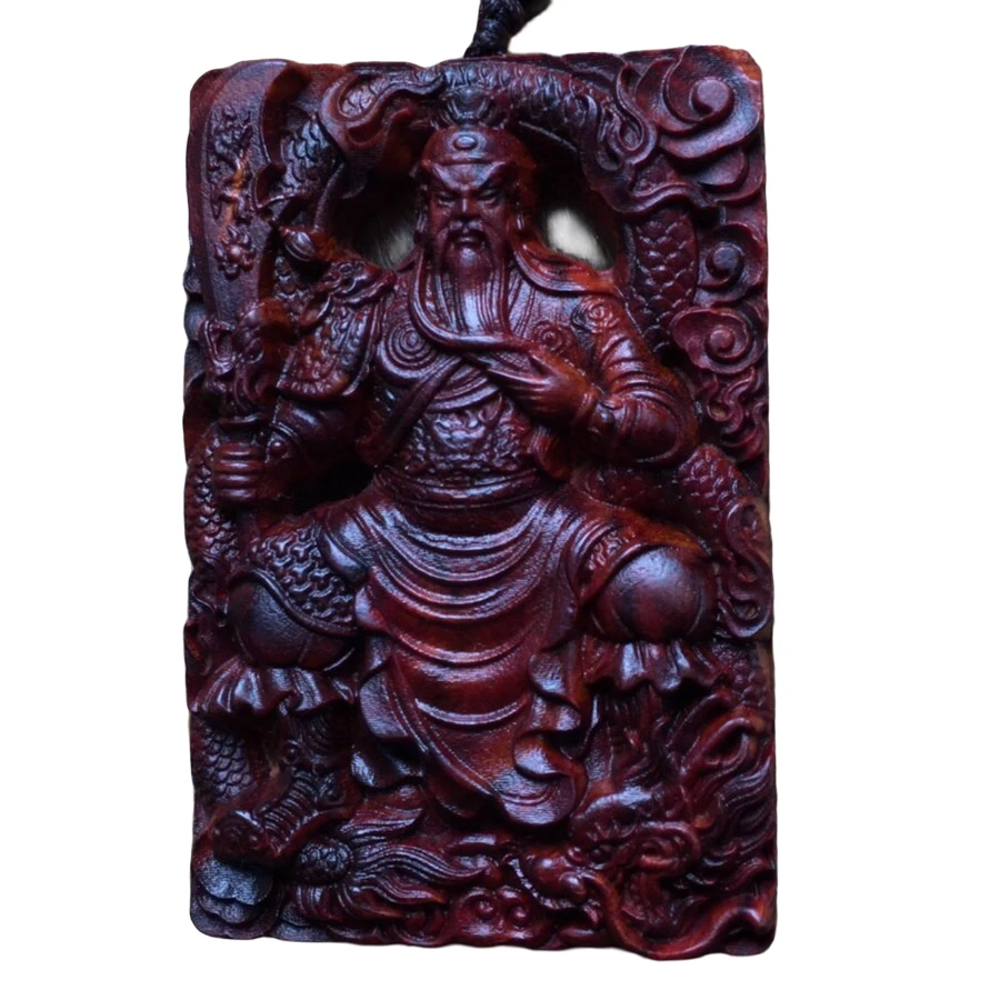 海南黄花梨油梨吊坠，关公守护牌子，双面立体镂空雕刻，精工细作