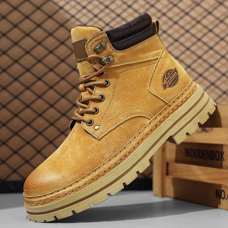 美洲户外马丁靴男秋冬英伦风复古中高帮工装靴男防滑软底大黄靴