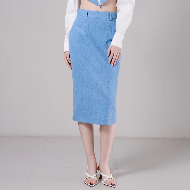 G·JAMEI2024夏新款蓝色修身中长款半身裙SHBQ6627